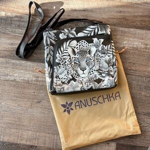 Anuschka Black and White Leopard Floral Crossbody Bag